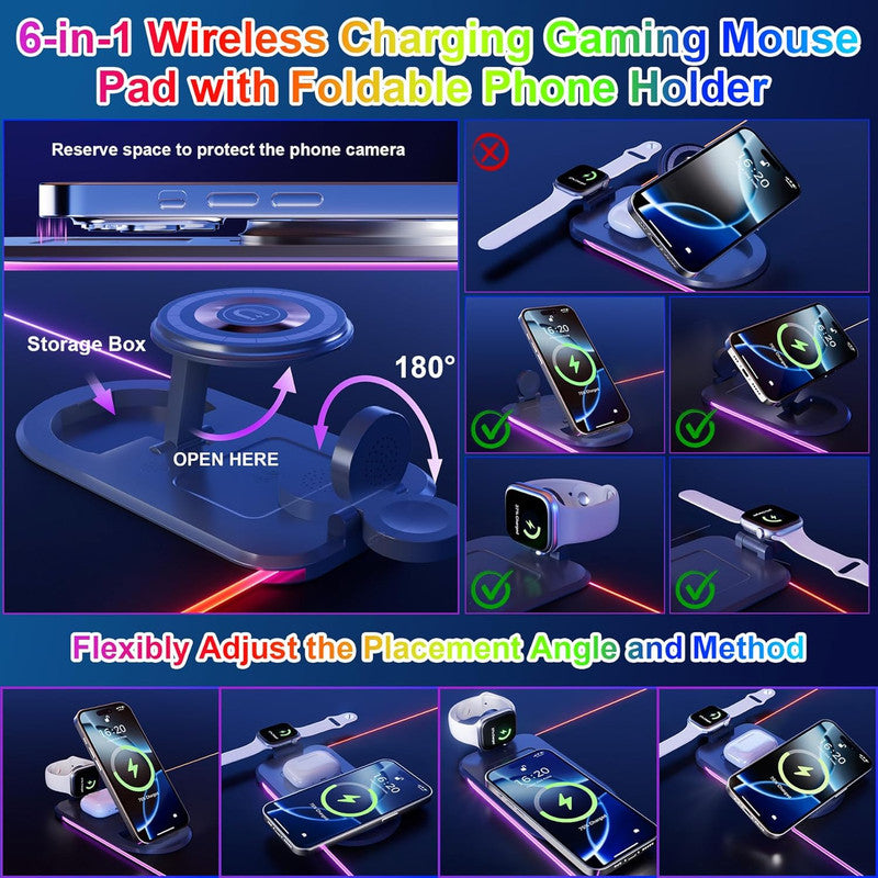 Wireless Charging Mouse Pad 15W RGB Gaming Mousepad Waterproof Desk Mat with Phone Holder 35.4''x11.8'' Extra Large Desk Pad Non-Slip Base Computer Keyboard Mat for PC Laptop, White