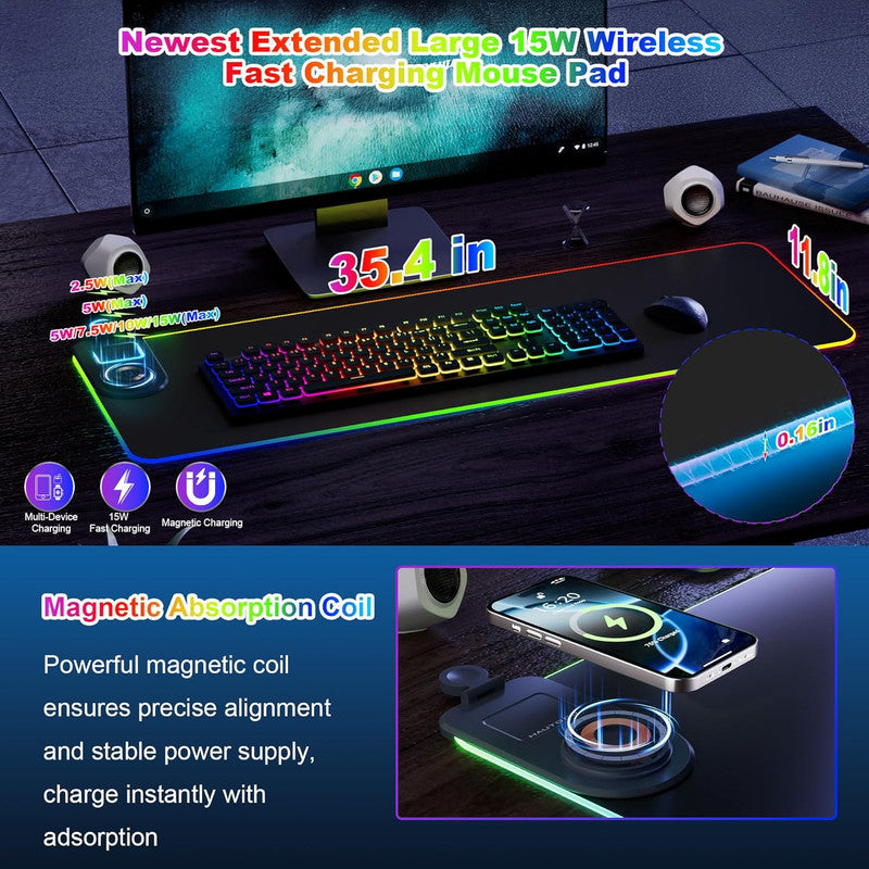 Wireless Charging Mouse Pad 15W RGB Gaming Mousepad Waterproof Desk Mat with Phone Holder 35.4''x11.8'' Extra Large Desk Pad Non-Slip Base Computer Keyboard Mat for PC Laptop, White