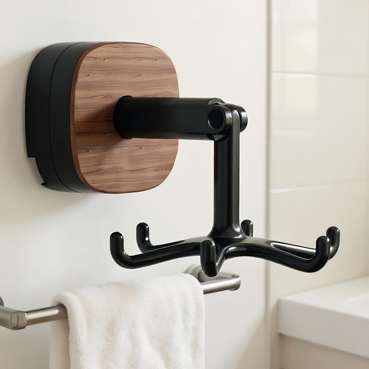 Rotating Wall Hook Rack with Self-Adhesive Mount, No-Drill Kitchen Organiser for Utensils, Towels, Mugs and Bathroom Items, Black