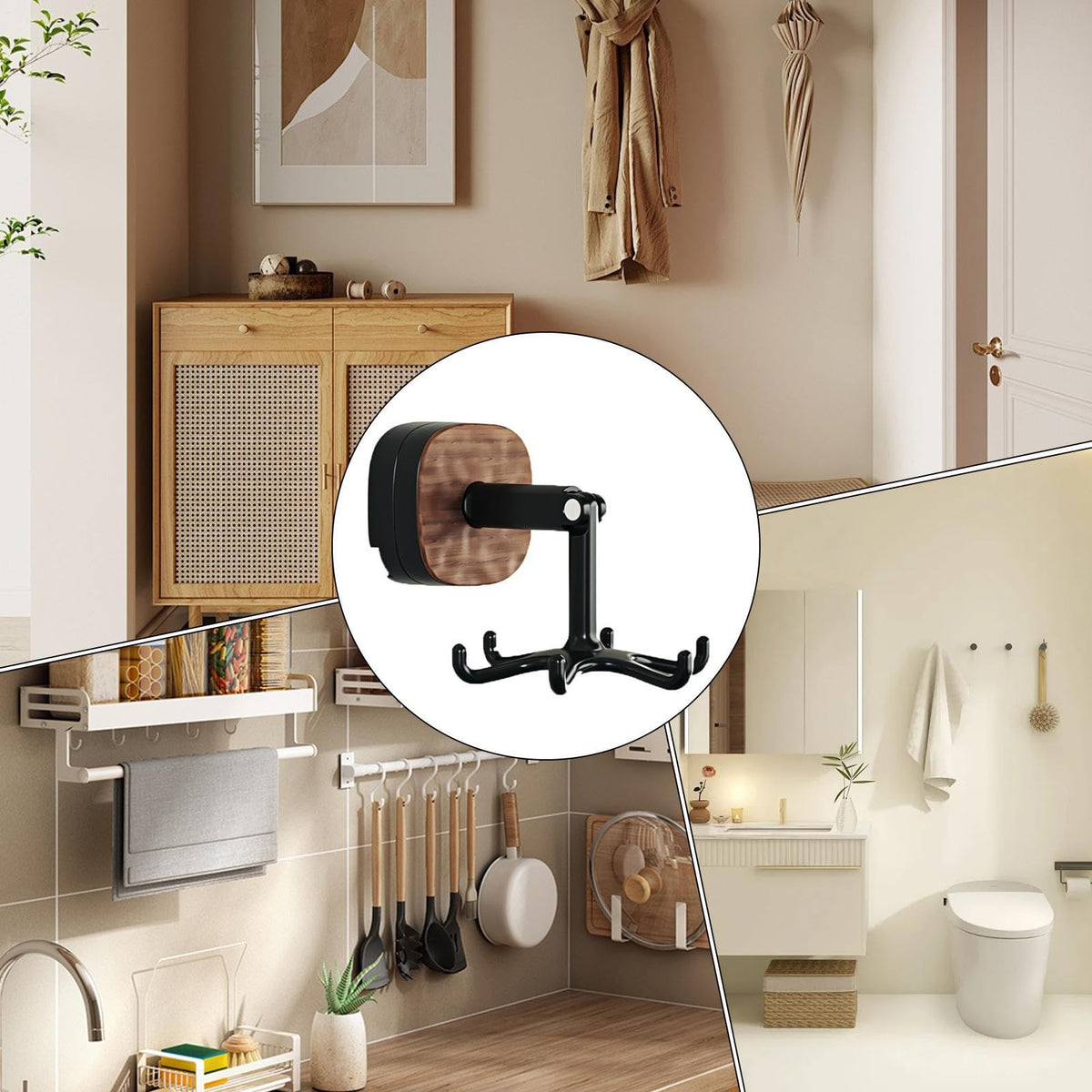 Rotating Wall Hook Rack with Self-Adhesive Mount, No-Drill Kitchen Organiser for Utensils, Towels, Mugs and Bathroom Items, Black