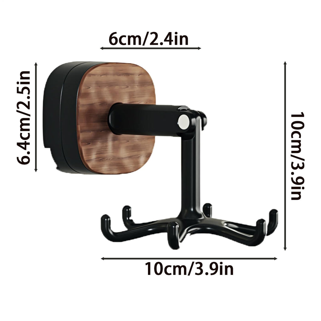 Rotating Wall Hook Rack with Self-Adhesive Mount, No-Drill Kitchen Organiser for Utensils, Towels, Mugs and Bathroom Items, Black