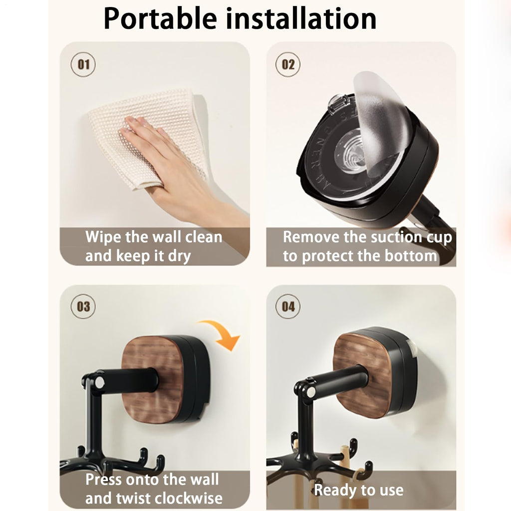 Rotating Wall Hook Rack with Self-Adhesive Mount, No-Drill Kitchen Organiser for Utensils, Towels, Mugs and Bathroom Items, Black
