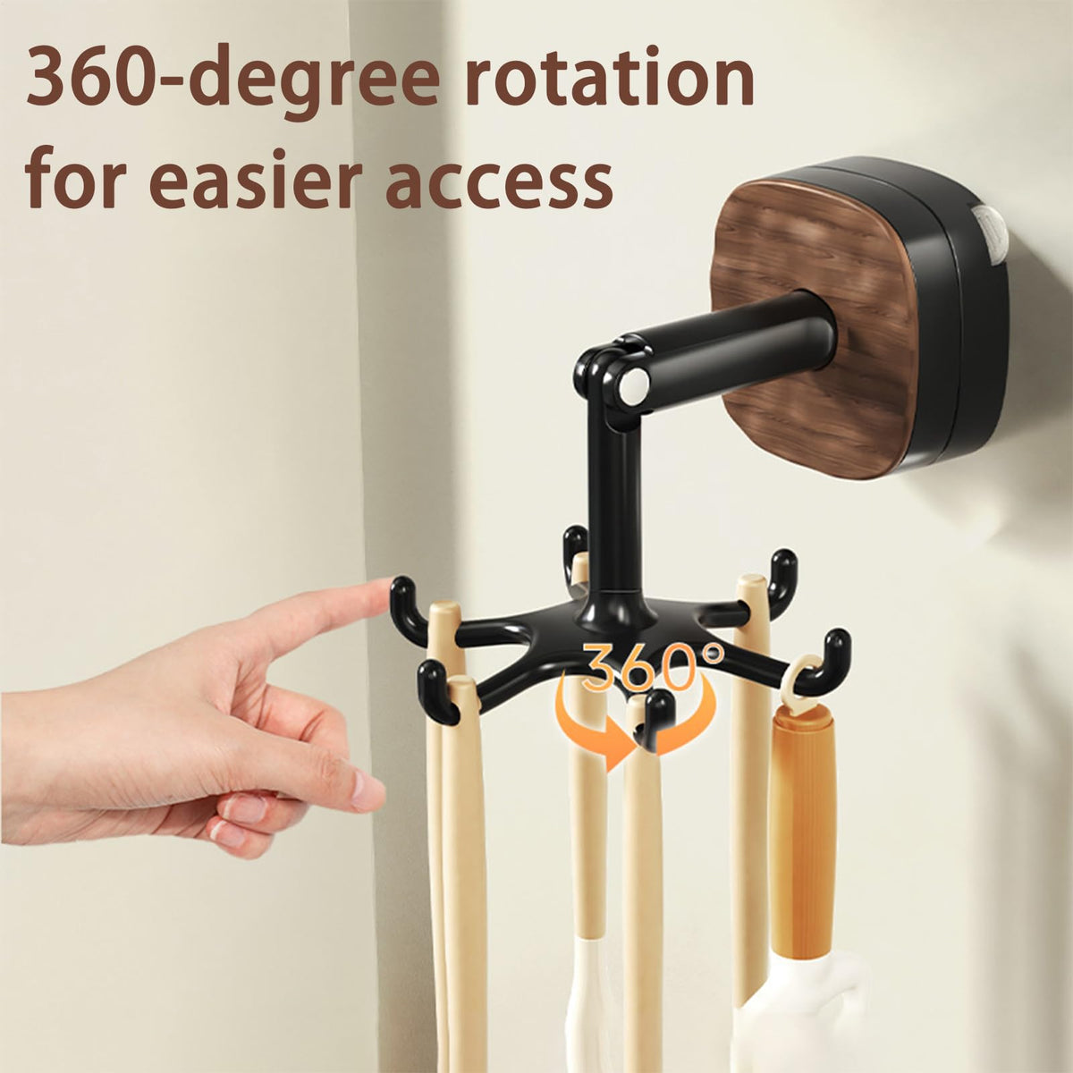 Rotating Wall Hook Rack with Self-Adhesive Mount, No-Drill Kitchen Organiser for Utensils, Towels, Mugs and Bathroom Items, Black