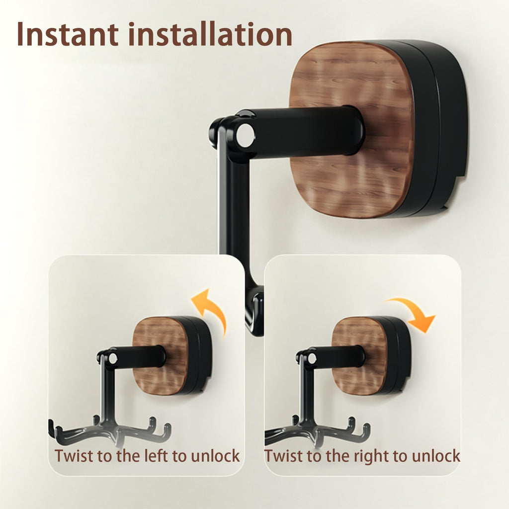 Rotating Wall Hook Rack with Self-Adhesive Mount, No-Drill Kitchen Organiser for Utensils, Towels, Mugs and Bathroom Items, Black