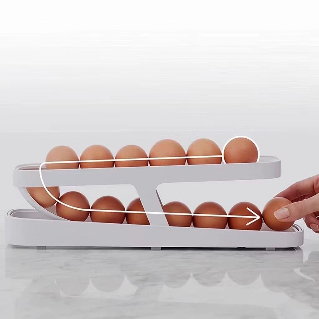 Egg Holder For Refrigerator, Automatically Rolling Egg Storage Container, 2 Tier Plastic Egg Holder Space Saving Egg Tray