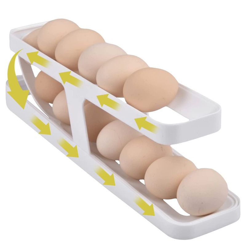 Egg Holder For Refrigerator, Automatically Rolling Egg Storage Container, 2 Tier Plastic Egg Holder Space Saving Egg Tray