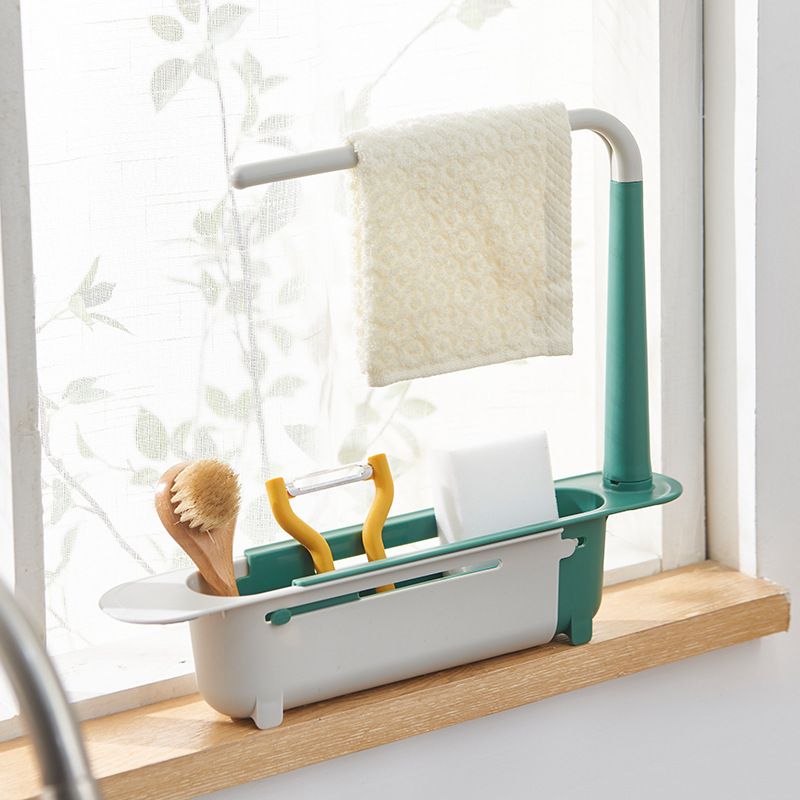 Upgraded Telescopic Sink Storage Rack, Adjustable Length 2-in-1 Sink Organizer Tray Sponge Soap Holder with Dishcloth Hanger
