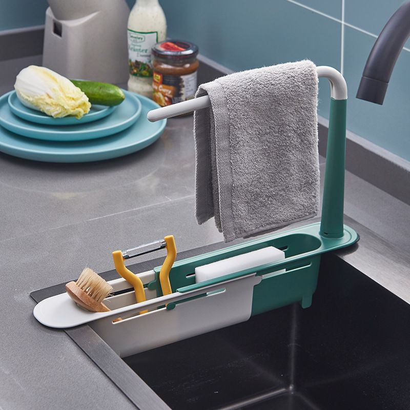 Upgraded Telescopic Sink Storage Rack, Adjustable Length 2-in-1 Sink Organizer Tray Sponge Soap Holder with Dishcloth Hanger