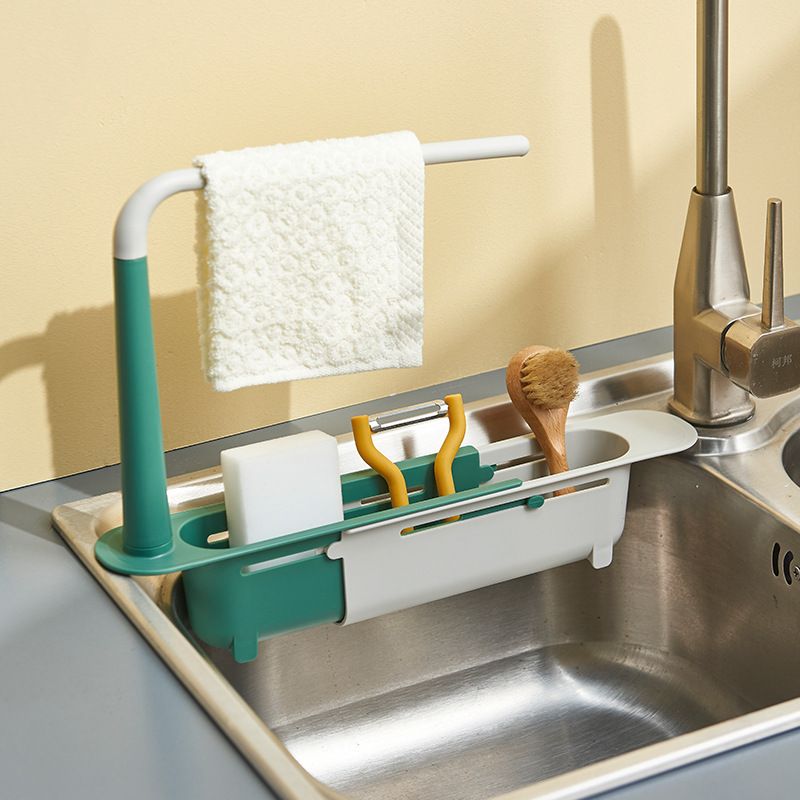Upgraded Telescopic Sink Storage Rack, Adjustable Length 2-in-1 Sink Organizer Tray Sponge Soap Holder with Dishcloth Hanger
