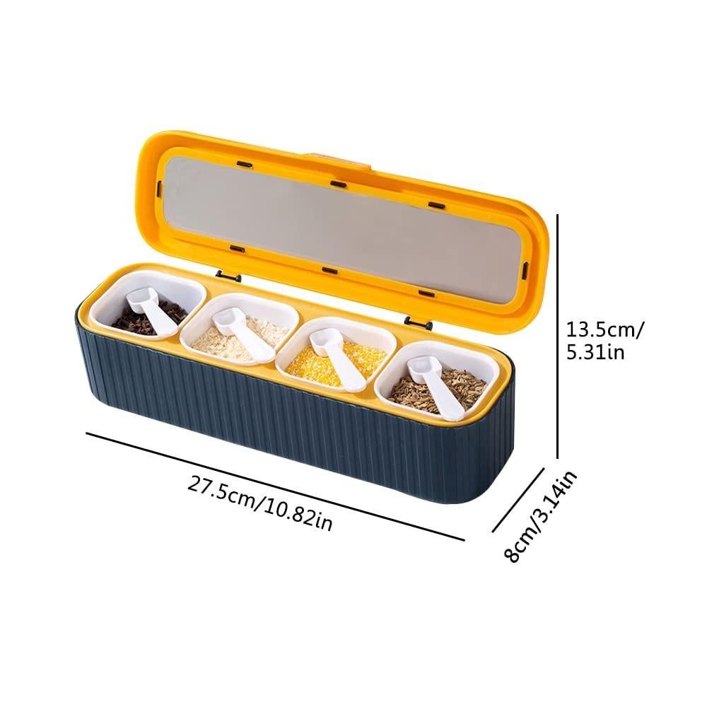4-Piece Compartment Seasoning Box Spice Storage Jar with Spoons Transparent (Blue)