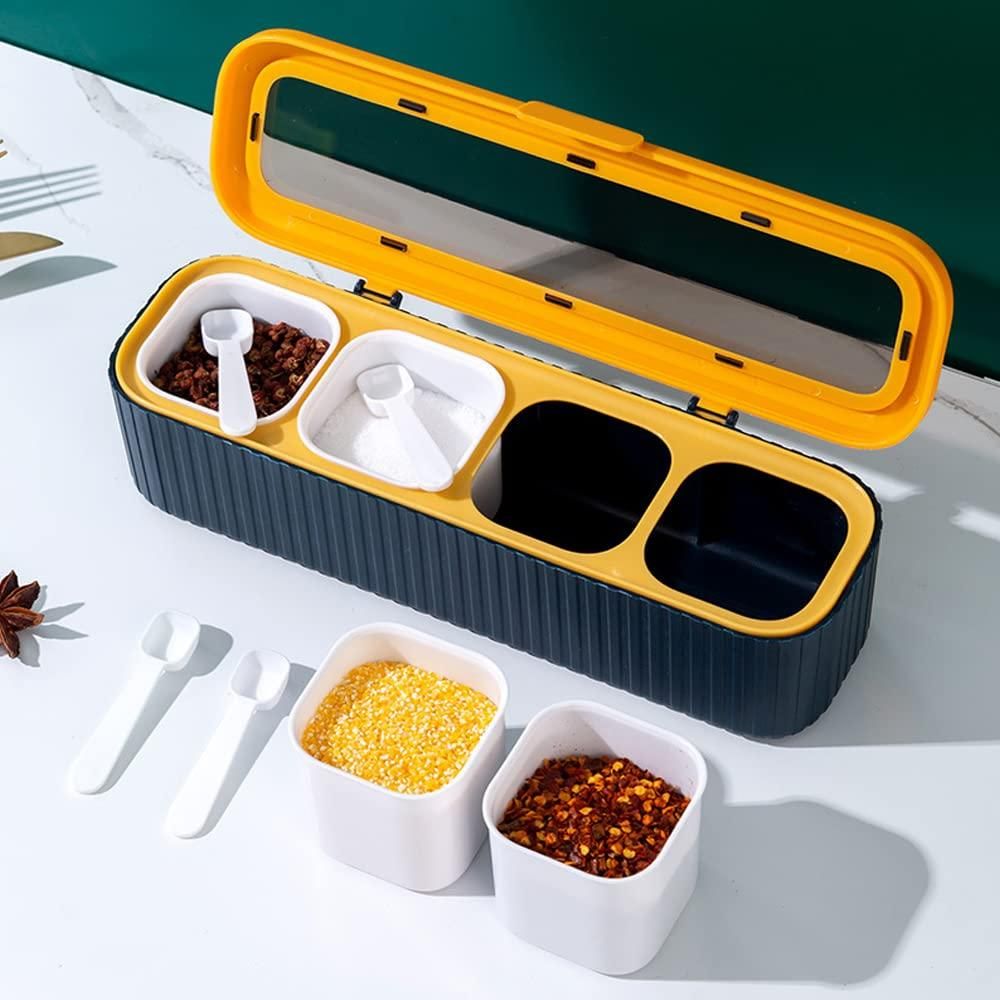 4-Piece Compartment Seasoning Box Spice Storage Jar with Spoons Transparent (Blue)