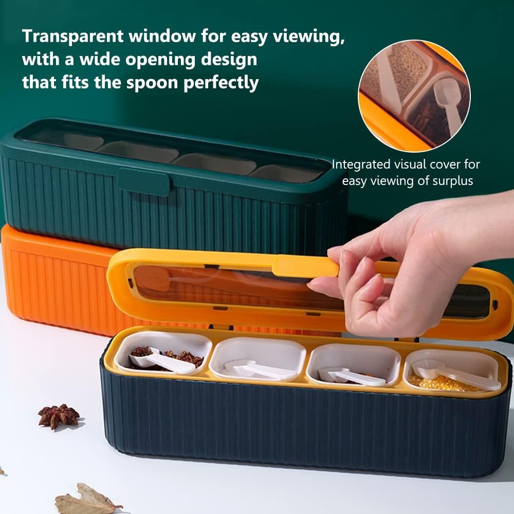 4-Piece Compartment Seasoning Box Spice Storage Jar with Spoons Transparent (Blue)