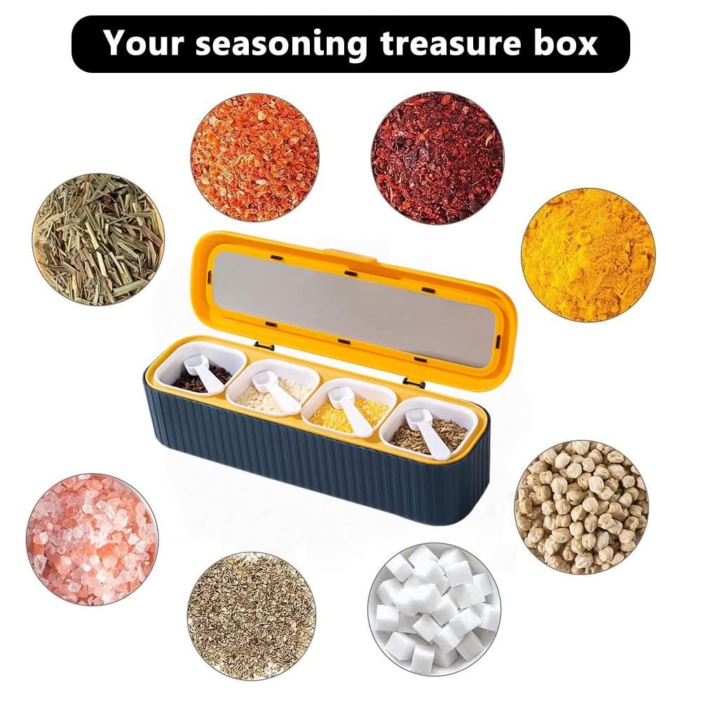 4-Piece Compartment Seasoning Box Spice Storage Jar with Spoons Transparent (Blue)
