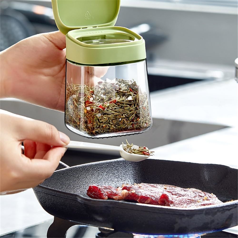 12.3 oz Airtight Sealing Condiment Container, One-Touch Open Glass Seasoning Box, Leakproof Moistureproof Kitchen Storage Jar for Spices, Salt, Sugar, and Dry Goods