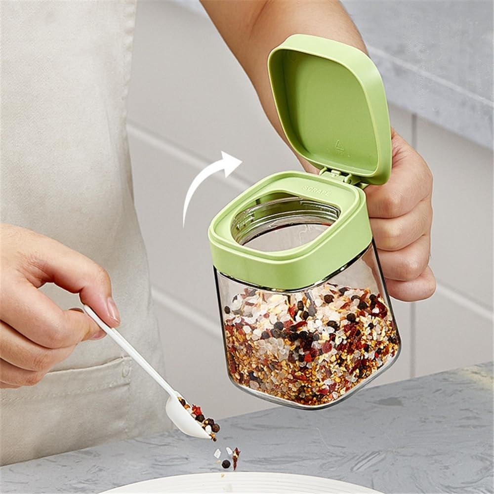 12.3 oz Airtight Sealing Condiment Container, One-Touch Open Glass Seasoning Box, Leakproof Moistureproof Kitchen Storage Jar for Spices, Salt, Sugar, and Dry Goods