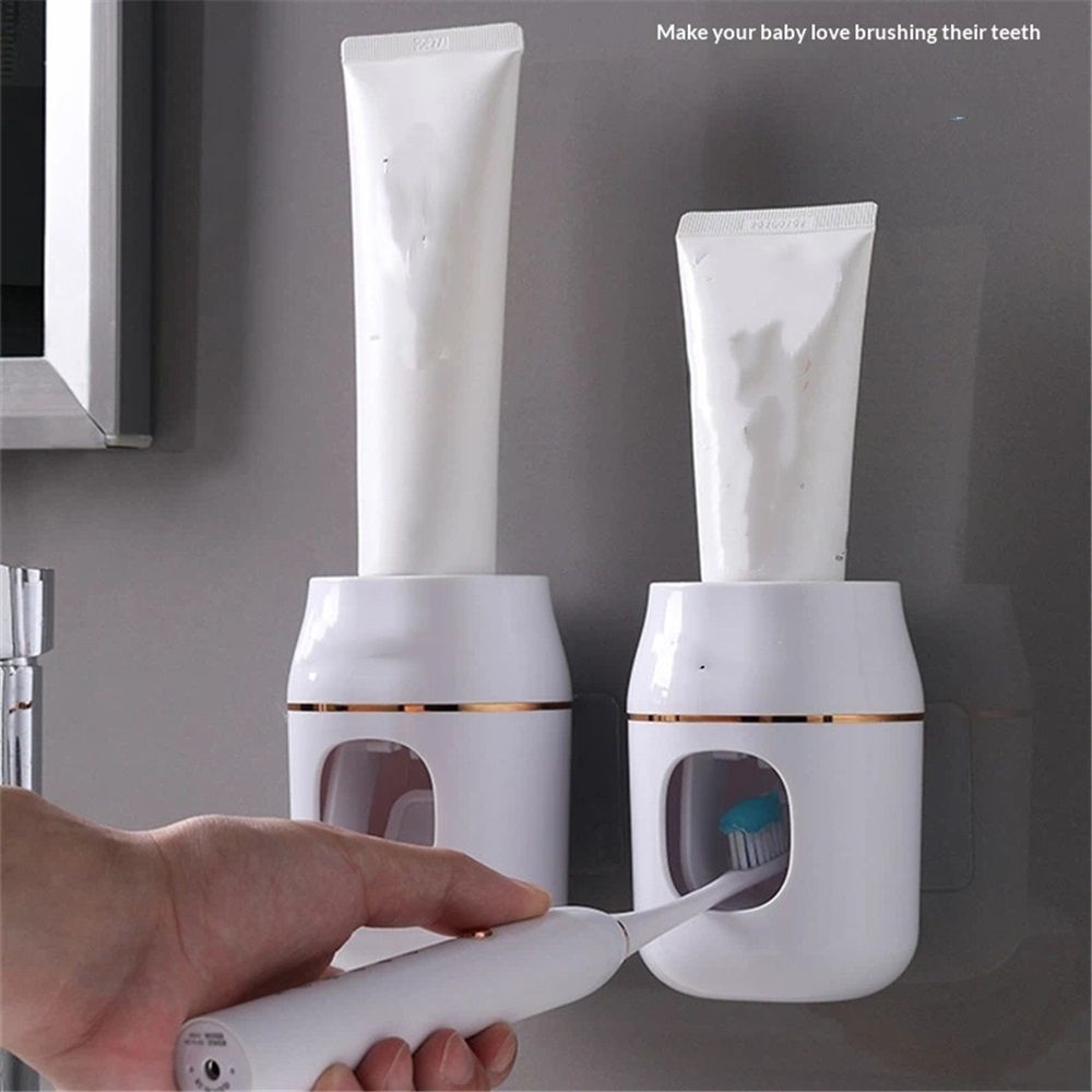 2 pack Wall Mounted Toothpaste Dispenser with Toothbrush Holder Storage Shelf No Drill Bathroom Organizer Sink Area Oral Care