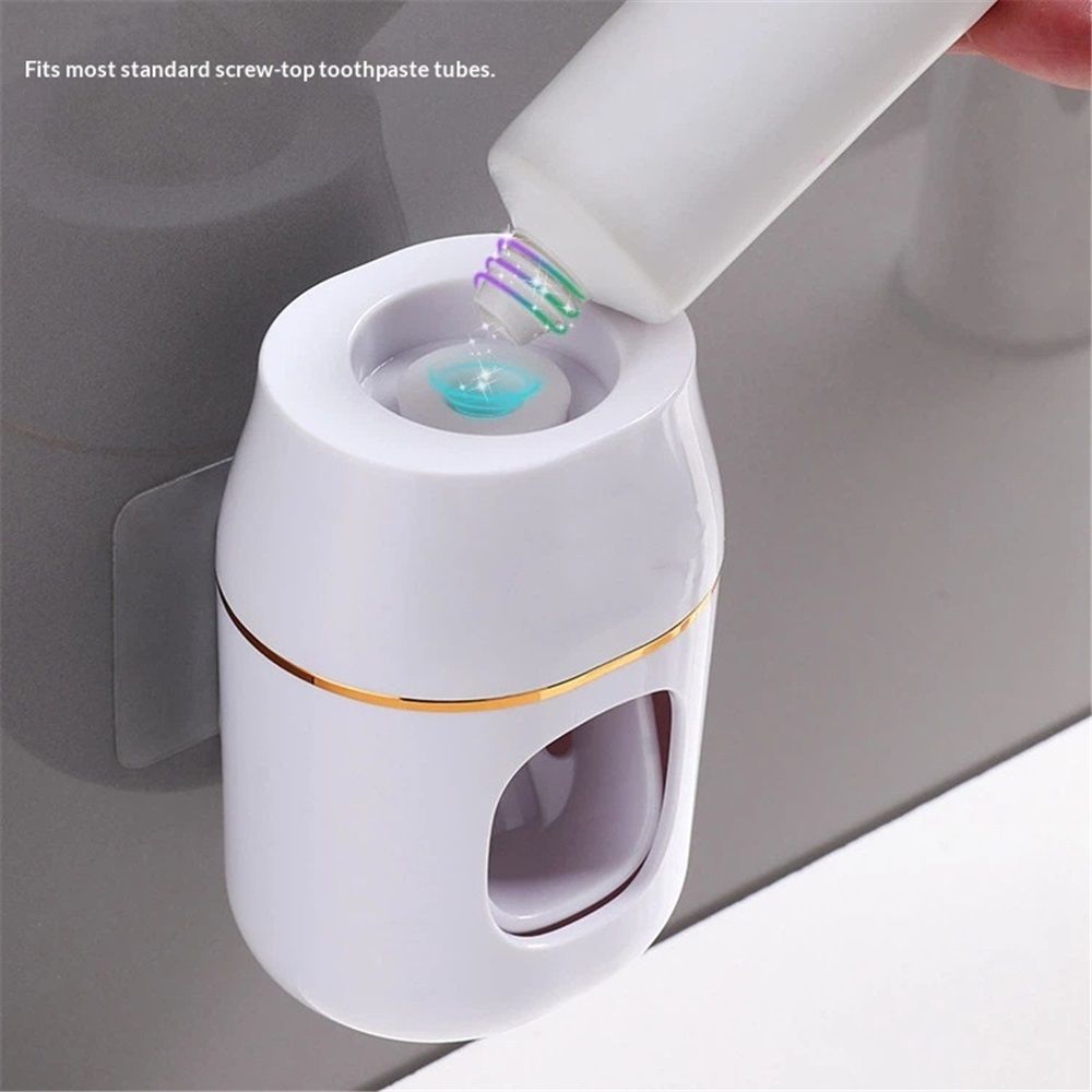 2 pack Wall Mounted Toothpaste Dispenser with Toothbrush Holder Storage Shelf No Drill Bathroom Organizer Sink Area Oral Care