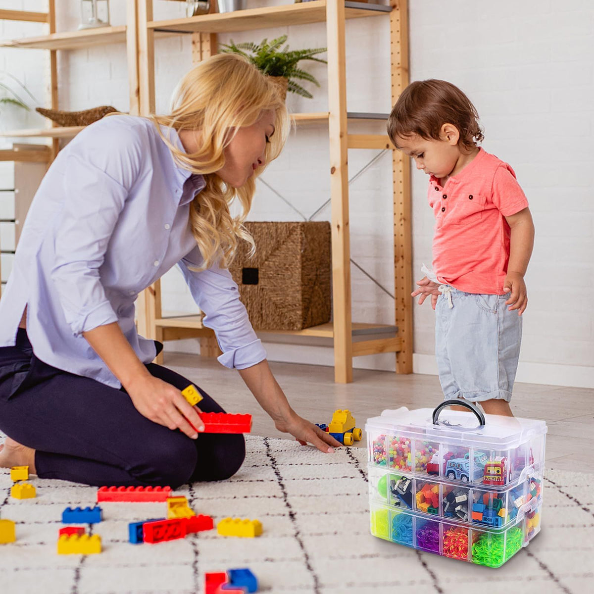 3-Tier Stackable Storage Container Box with 18 Compartments, Plastic Organizer Box for Craft Organizers and Storage