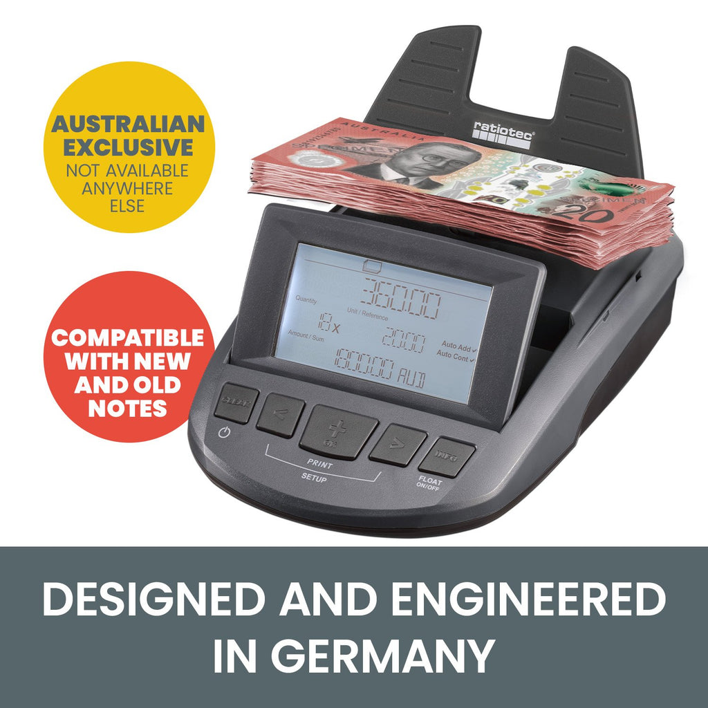 Ratiotec Digital Coin Note Money Counter Currency Scales Australian Notes Portable - Made In Germany