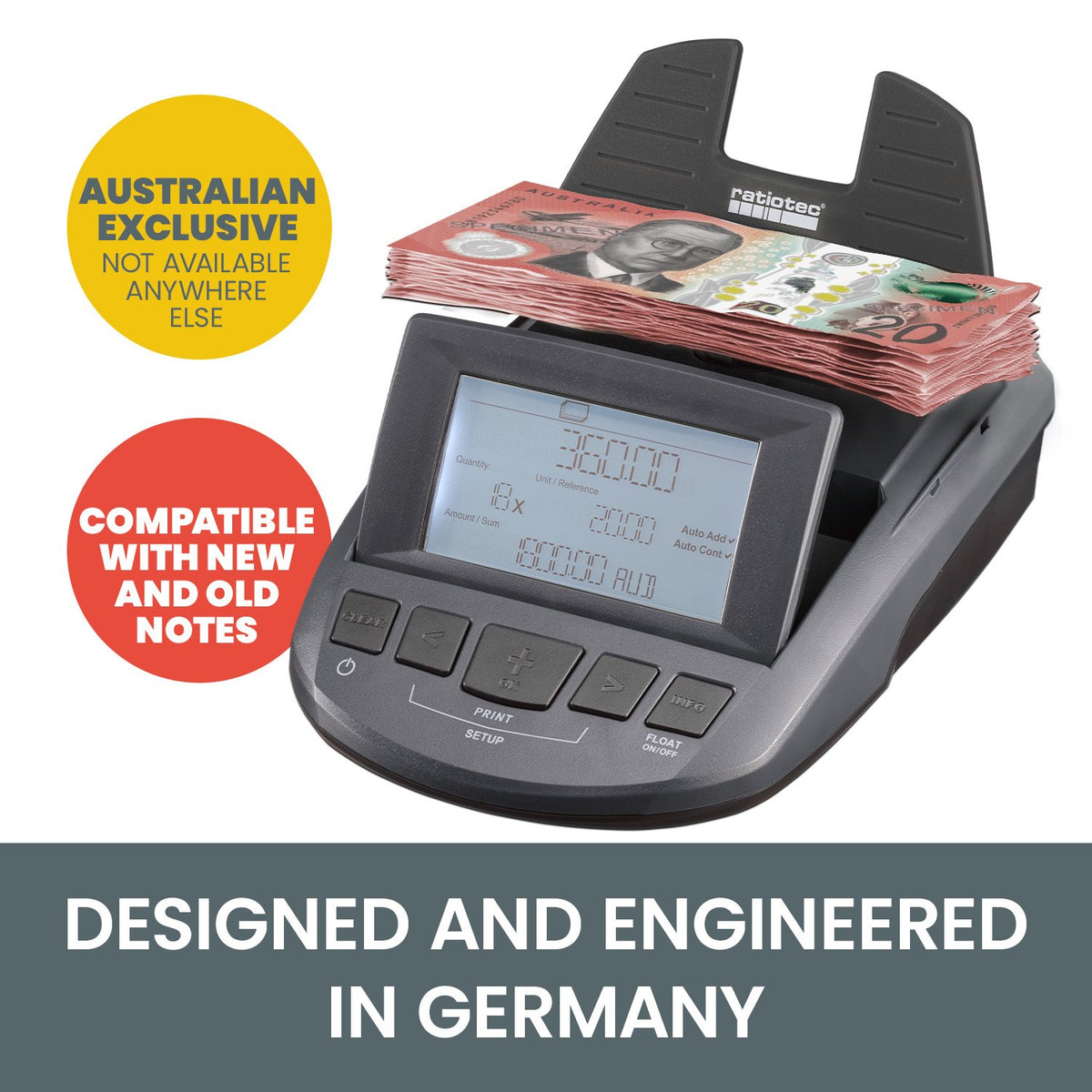 Ratiotec Digital Coin Note Money Counter Currency Scales Australian Notes Portable - Made In Germany