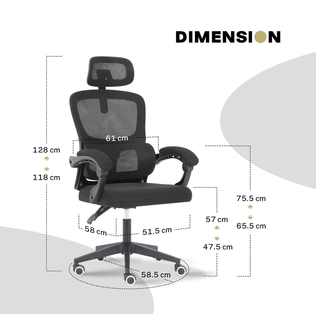 Ergonomic Reclining Office Chair - Lumbar Support, Adjustable Headrest VELTRA - BLACK