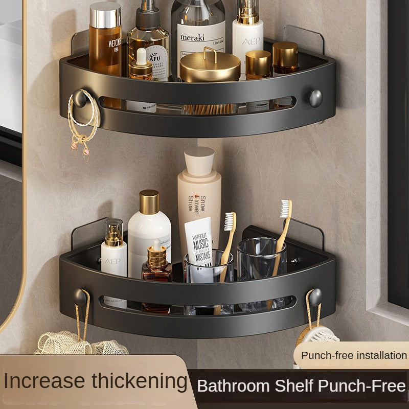 Two layers of elegant black Premium No-Drill Corner Shower Caddy - Thickened ABS Bathroom Storage Shelf with Hooks, Quick Wall Mount Organiser