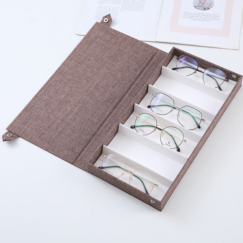 Brown Multi-Compartment Glasses Storage Box Dust-proof Fabric Eyewear Display Organiser with Snap Closure