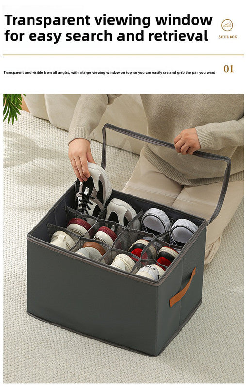 Foldable Shoe Storage Box with Clear Lid 12 Compartment Wardrobe Organiser for Sneakers Flat Sandals 600D Oxford Fabric Container with Handles Beige