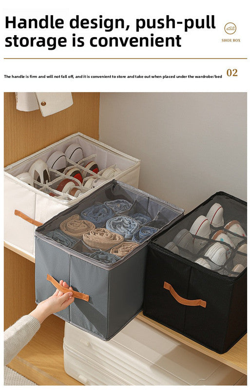 Foldable Shoe Storage Box with Clear Lid 12 Compartment Wardrobe Organiser for Sneakers Flat Sandals 600D Oxford Fabric Container with Handles Beige