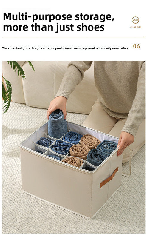 Foldable Shoe Storage Box with Clear Lid 12 Compartment Wardrobe Organiser for Sneakers Flat Sandals 600D Oxford Fabric Container with Handles Beige