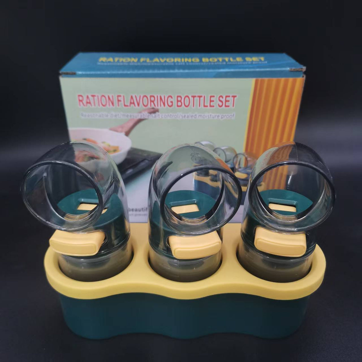 3 PCS Quantitative Salt & Spice Dispenser Set with Storage Base - 0.5g Precise Metering Shakers for Salt, Pepper & Spices - Push Button Portion Control Kitchen Organiser - Dark Green
