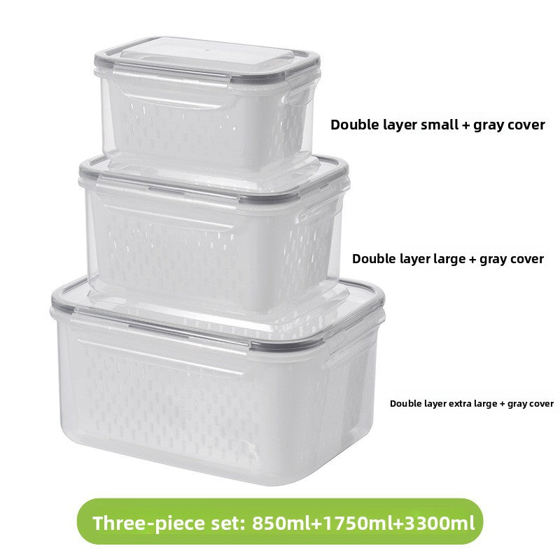Grey 3-Piece Refrigerator Food Storage Container Set with Drain Basket and Airtight Lid 850ml 1750ml 3300ml Stackable Produce Saver for Local Homes