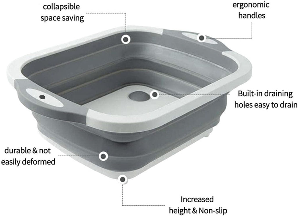 3-in-1 Grey Collapsible Cutting Board & Drain Basin & Storage Tub - Portable Multifunctional Food Grade Storage Basket(37x27x12cm)