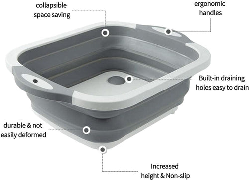3-in-1 Grey Collapsible Cutting Board & Drain Basin & Storage Tub - Portable Multifunctional Food Grade Storage Basket(37x27x12cm)