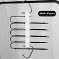 5-Layers Black Stainless Steel Pants Rack with Horizontal / Vertical Modes and Expandable Pull-Out Rods - High-Load Folding Magic Hanger