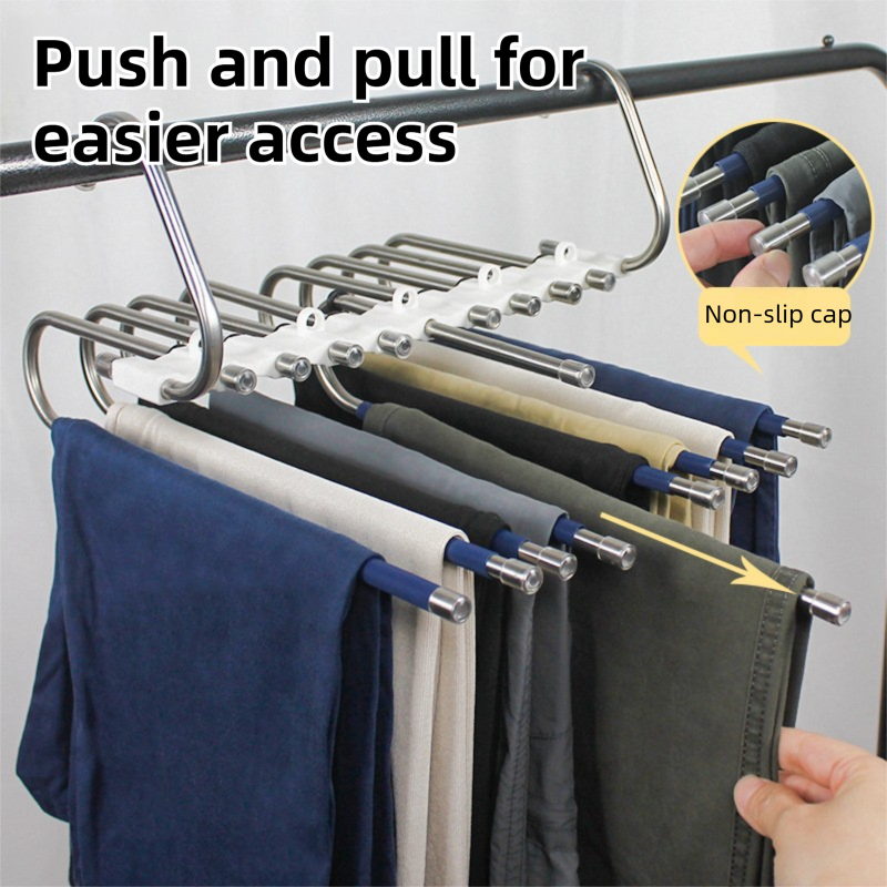 5-Layers Black Stainless Steel Pants Rack with Horizontal / Vertical Modes and Expandable Pull-Out Rods - High-Load Folding Magic Hanger