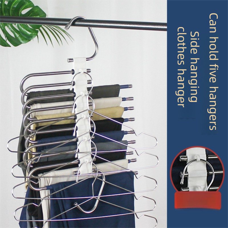 5-Layers Black Stainless Steel Pants Rack with Horizontal / Vertical Modes and Expandable Pull-Out Rods - High-Load Folding Magic Hanger