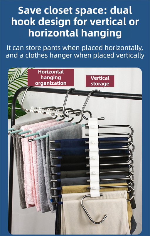 5-Layers Black Stainless Steel Pants Rack with Horizontal / Vertical Modes and Expandable Pull-Out Rods - High-Load Folding Magic Hanger