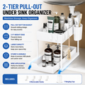 White Under Sink Organizer with Pull-Out Drawer, 4 Hooks and Hanging Cup - 2 Tier Cabinets Storage Rack for Kitchen & Bathroom, Tool-Free Assembly, Fits Full-Size Cleaning Supplies & Toiletries, Space Saving