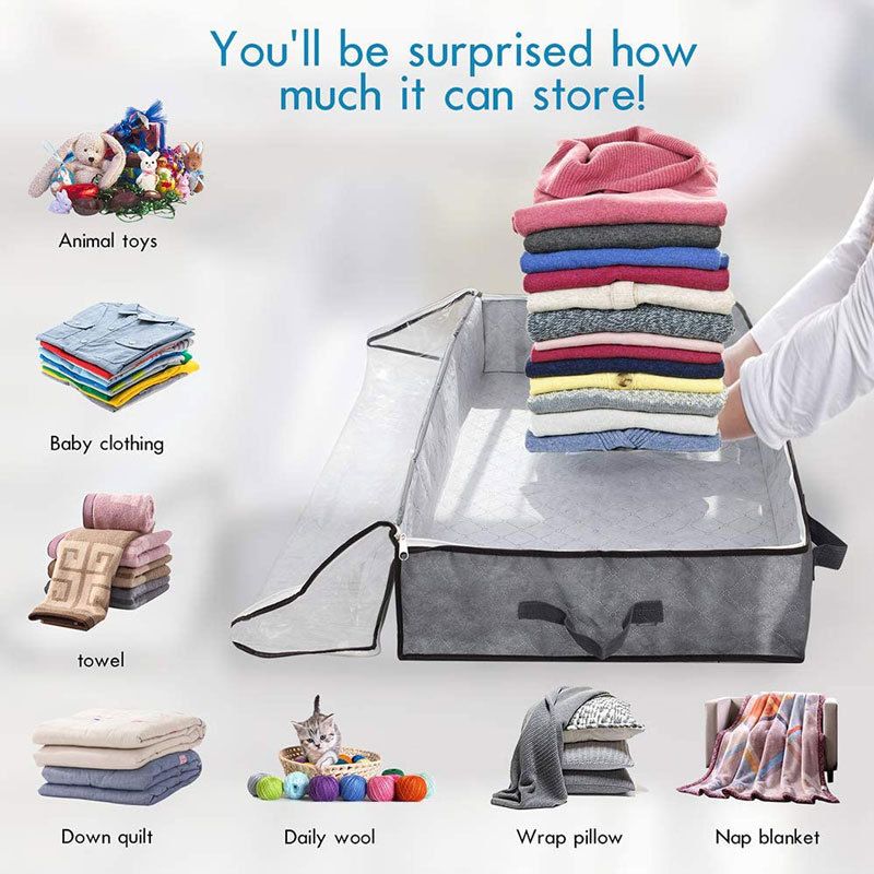 2 Pack Folding Non-Woven Underbed Storage Containers with Clear Top Zipper Lid & 4 Reinforced Handles (Dark Grey 40 x 20 x 7")
