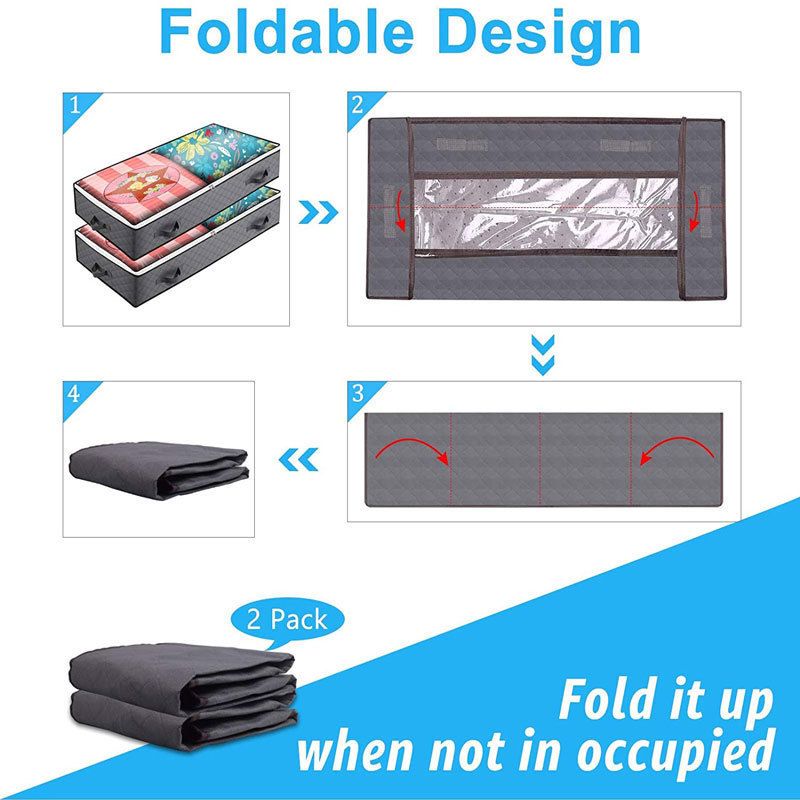 2 Pack Folding Non-Woven Underbed Storage Containers with Clear Top Zipper Lid & 4 Reinforced Handles (Dark Grey 40 x 20 x 7")