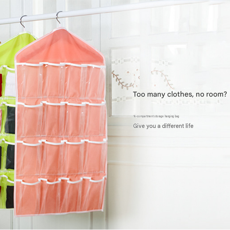 Beige 16 Pocket Hanging Wardrobe Organizer - Clear PE and Polyester Storage Bag with 16 Visible Compartments, Space Saving Over Door or Closet Hanger for Socks Underwear Accessories, Foldable Home Tidy Solution