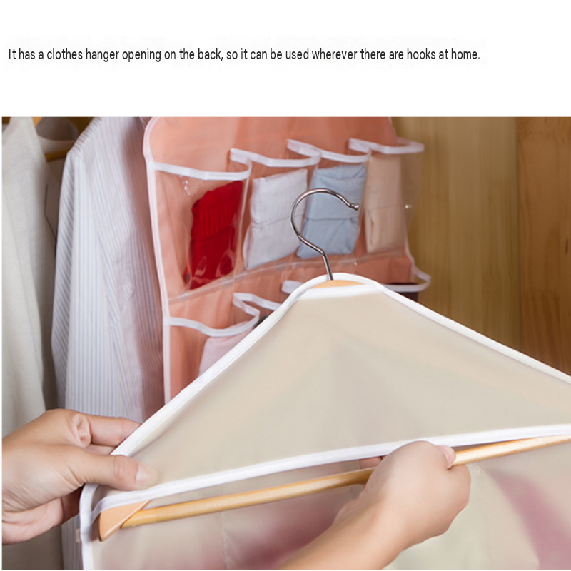 Beige 16 Pocket Hanging Wardrobe Organizer - Clear PE and Polyester Storage Bag with 16 Visible Compartments, Space Saving Over Door or Closet Hanger for Socks Underwear Accessories, Foldable Home Tidy Solution