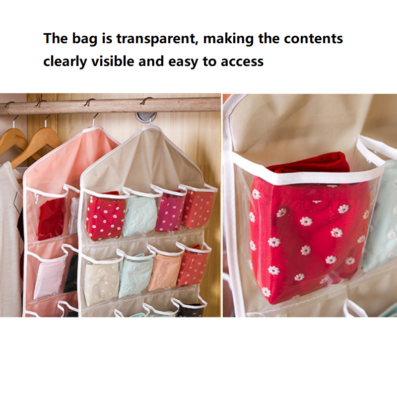 Beige 16 Pocket Hanging Wardrobe Organizer - Clear PE and Polyester Storage Bag with 16 Visible Compartments, Space Saving Over Door or Closet Hanger for Socks Underwear Accessories, Foldable Home Tidy Solution