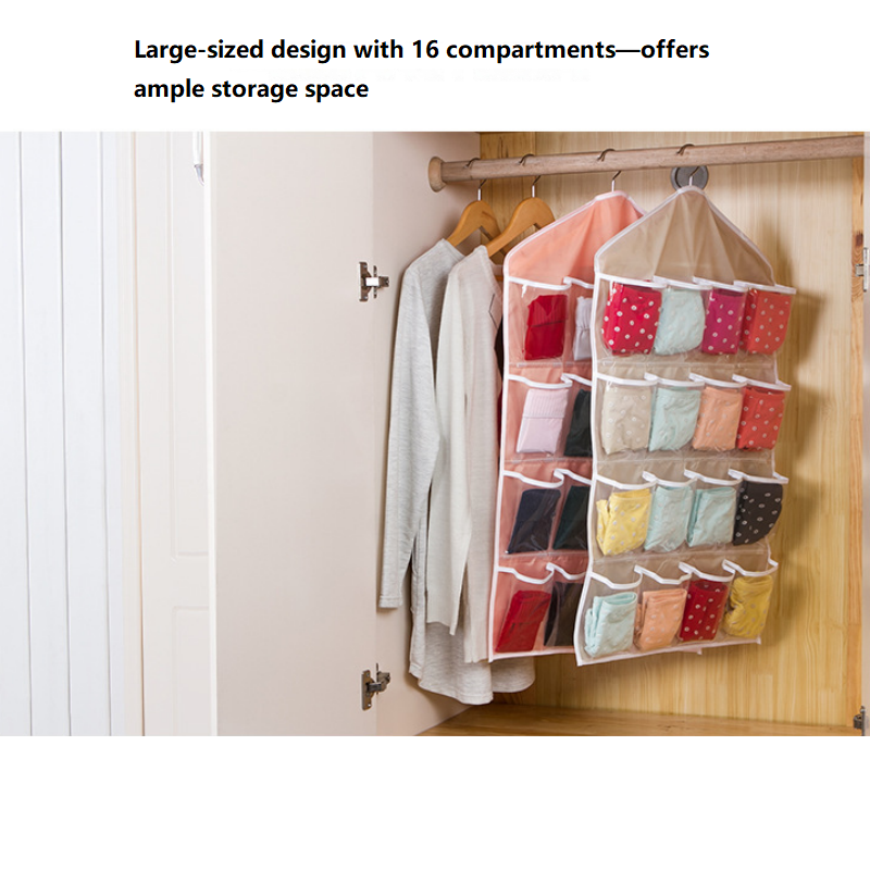 Beige 16 Pocket Hanging Wardrobe Organizer - Clear PE and Polyester Storage Bag with 16 Visible Compartments, Space Saving Over Door or Closet Hanger for Socks Underwear Accessories, Foldable Home Tidy Solution